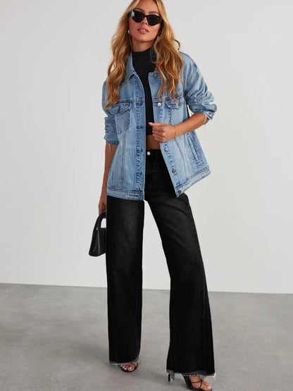 Light wash raw hem wide leg jeans with pockets from Trendsi, featuring a relaxed fit and casual style.