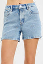 Light blue Risen high-rise denim shorts by Trendsi with embroidered detail and classic five-pocket design.