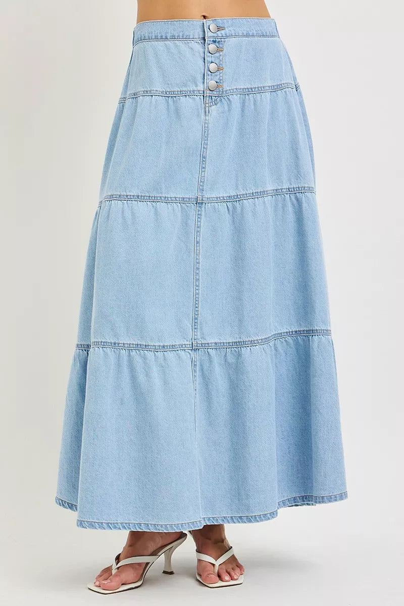 Light-colored Risen high-rise ruffle long skirt by Trendsi, flowing fabric with ruffle details, stylish and comfortable for casual wear