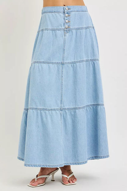 Light-colored Risen high-rise ruffle long skirt by Trendsi, flowing fabric with ruffle details, stylish and comfortable for casual wear
