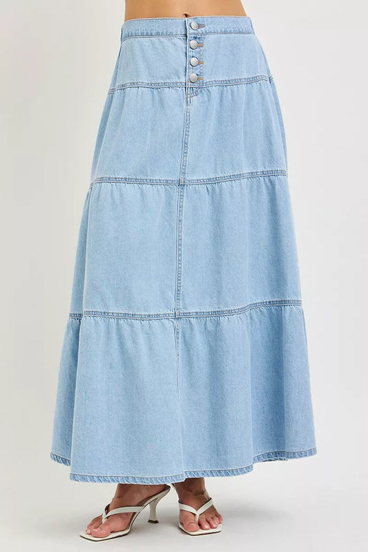 Light-colored Risen high-rise ruffle long skirt by Trendsi, flowing fabric with ruffle details, stylish and comfortable for casual wear