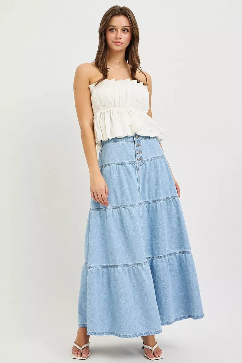 Light blue Risen high-rise ruffle long skirt by Trendsi, featuring flowing fabric and layered ruffle details.