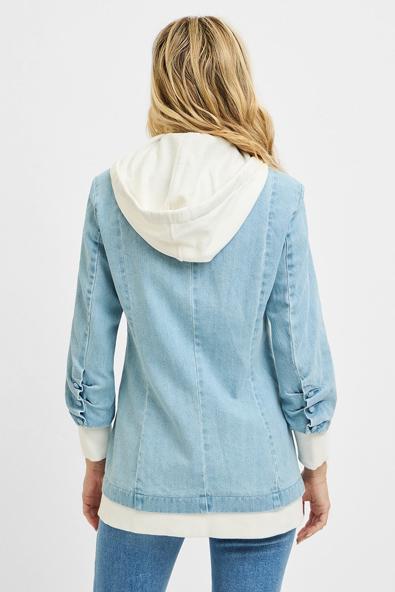 Light grey RISEN One Button Blazer with Hoodie by Trendsi, featuring a tailored fit and casual hoodie design.