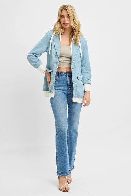 Light gray Risen One Button Blazer with Hoodie by Trendsi, featuring a casual tailored fit and front button closure.