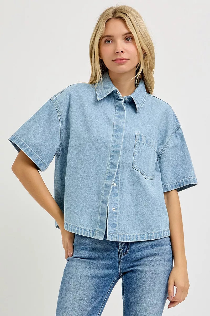 Light gray RISEN oversized half-sleeve cropped shirt from Trendsi, featuring a relaxed fit and casual style.