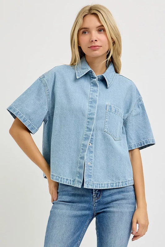 Light gray RISEN oversized half-sleeve cropped shirt from Trendsi, featuring a relaxed fit and casual style.
