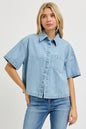 Light gray RISEN oversized half-sleeve cropped shirt from Trendsi, featuring a relaxed fit and casual style.
