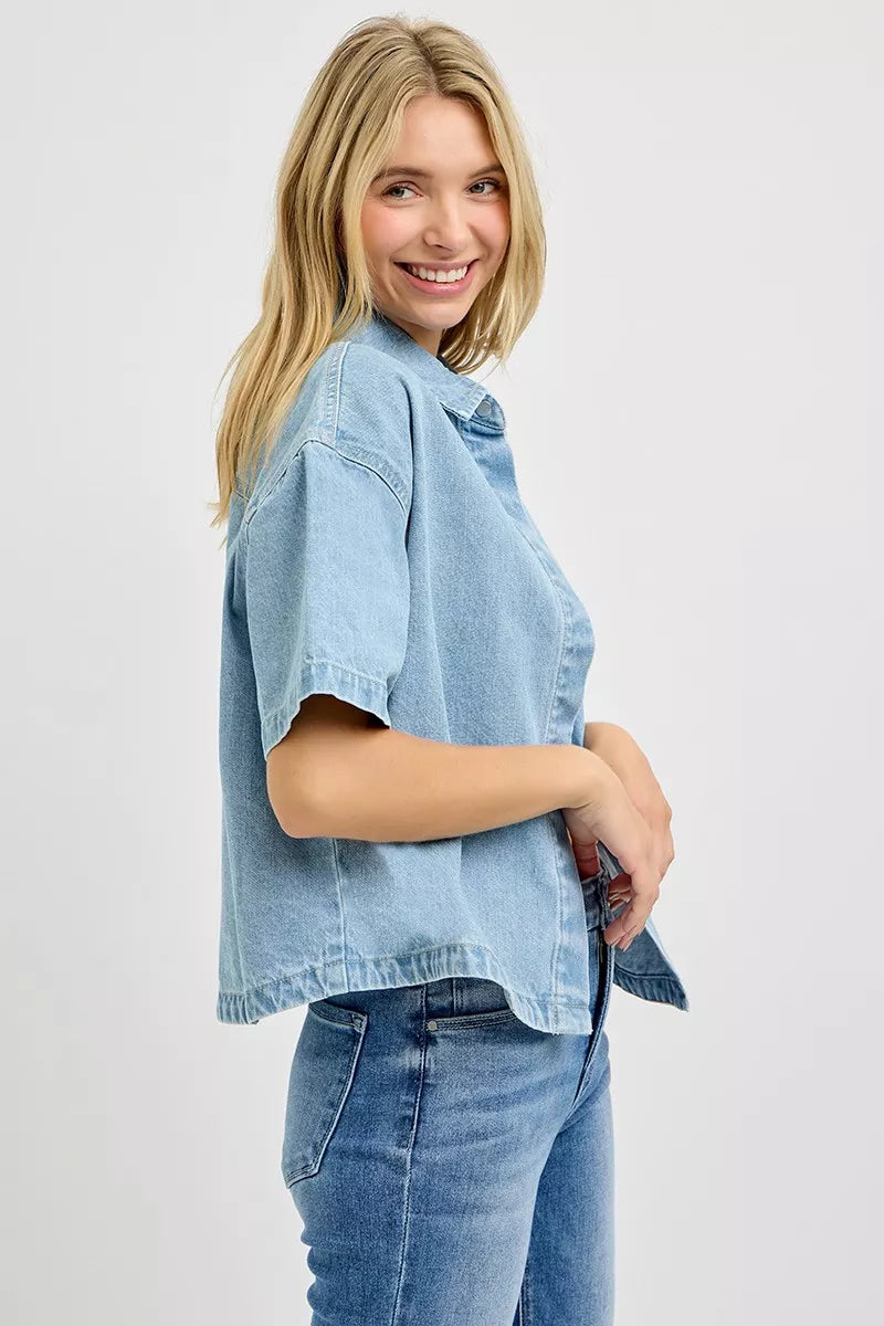 Light gray Risen oversized half-sleeve cropped shirt by Trendsi, featuring a relaxed fit and casual style.