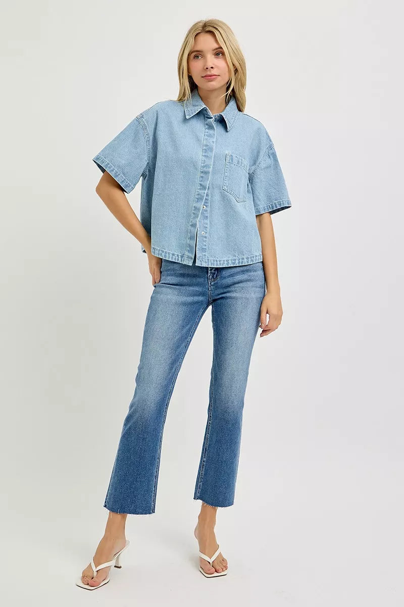 Light gray oversized half-sleeve cropped shirt by RISEN, styled with a relaxed fit and casual look.