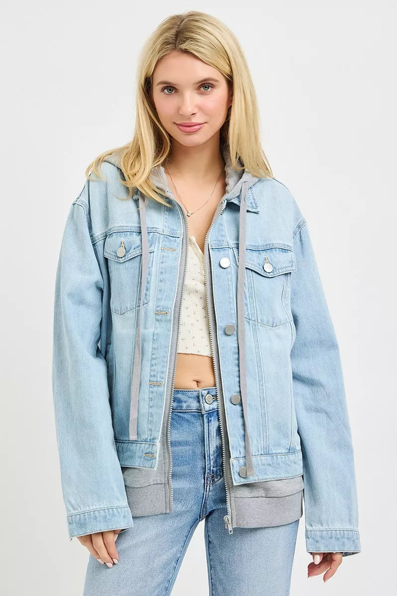 Light-colored oversized hoodie jacket from RISEN by Trendsi, featuring a relaxed fit and casual style, shown on a model.