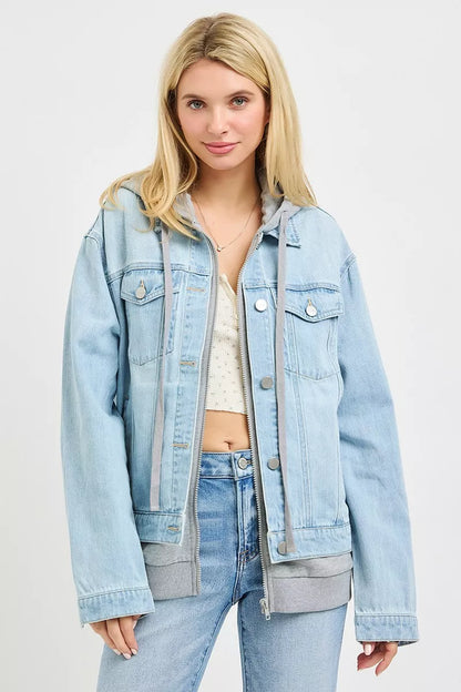 Light-colored oversized hoodie jacket from RISEN by Trendsi, featuring a relaxed fit and casual style, shown on a model.