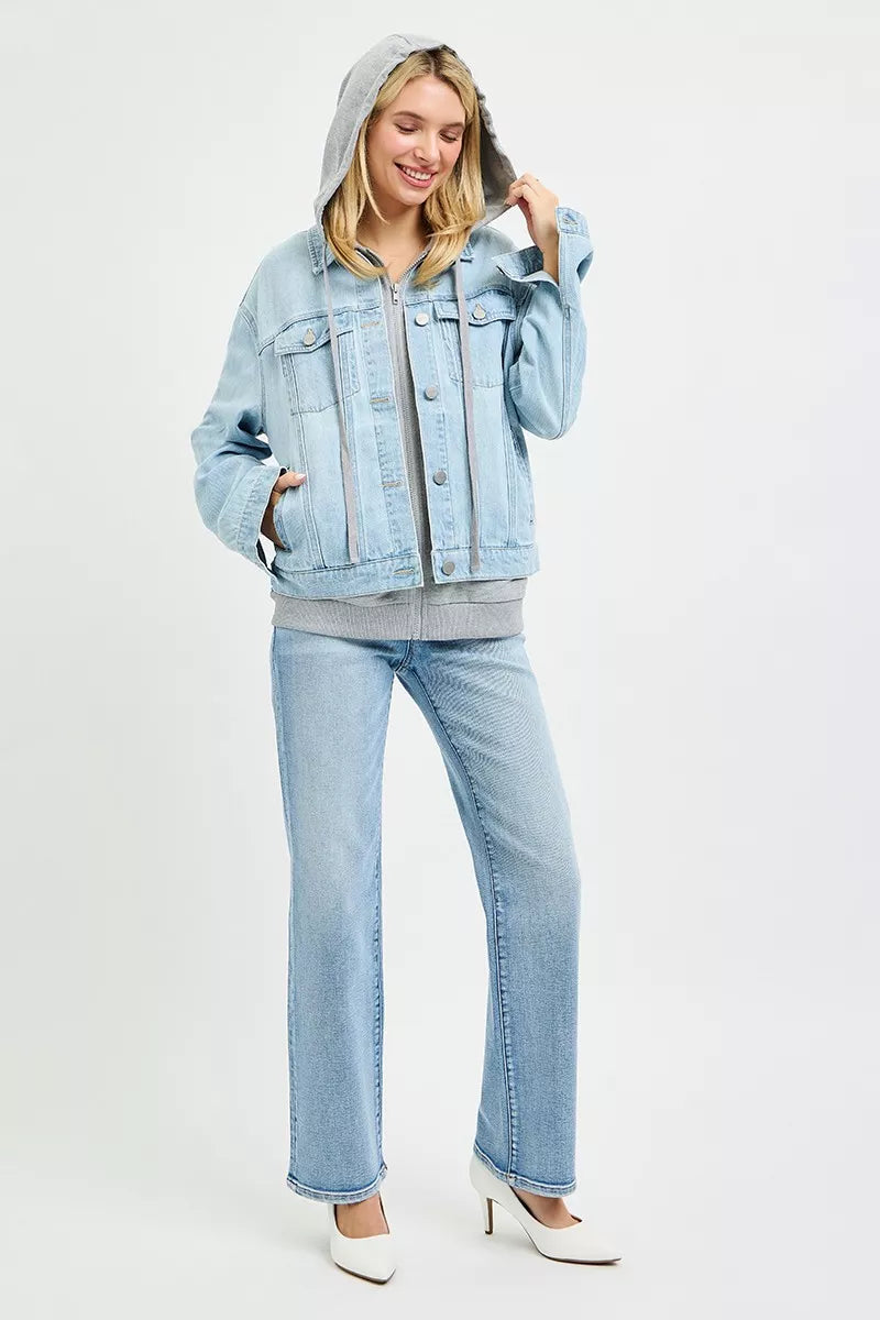 Light gray RISEN oversized hoodie jacket by Trendsi, featuring a relaxed fit, hood, and front pocket, ideal for casual wear.