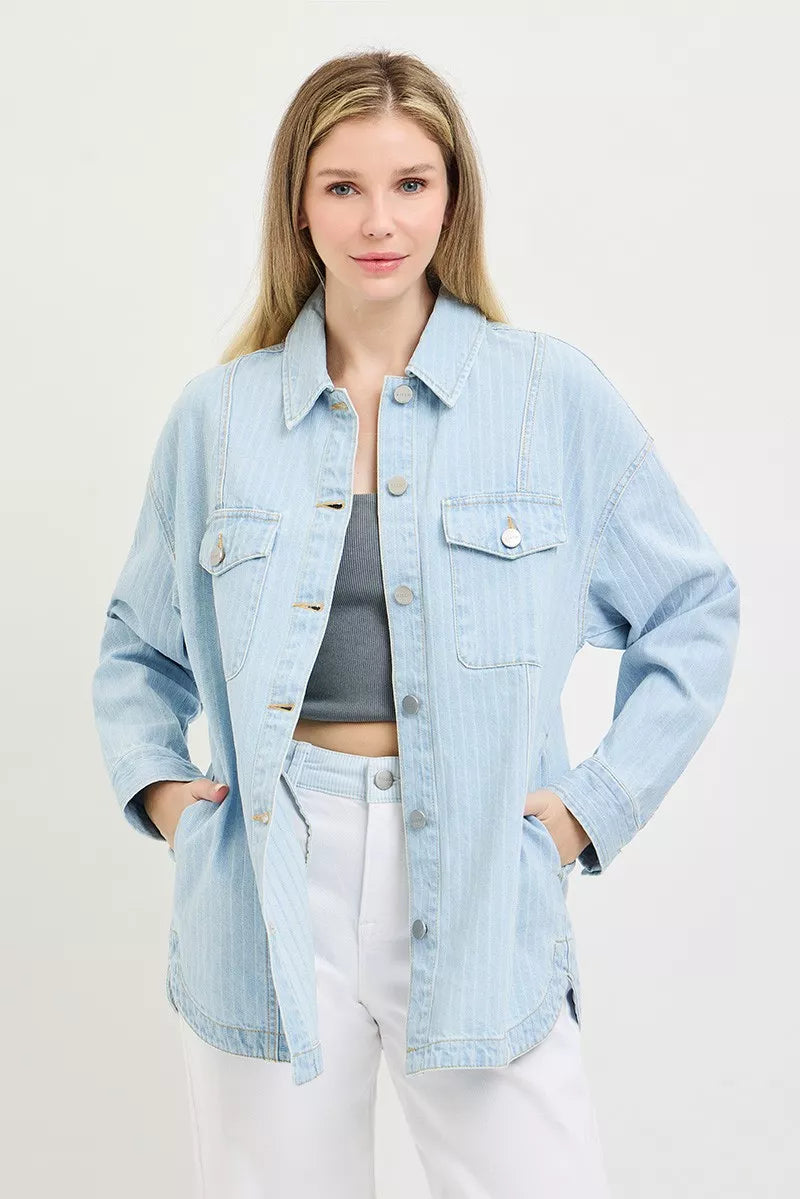 Light blue oversized stripe denim shacket by RISEN featuring a relaxed fit and button-front design.