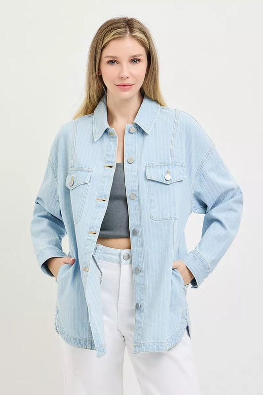 Light blue oversized stripe denim shacket by RISEN featuring a relaxed fit and button-front design.
