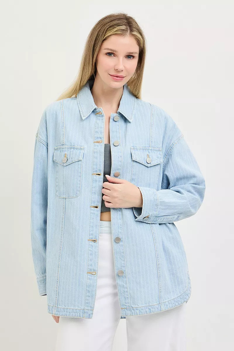 Light blue oversized stripe denim shaket from RISEN by Trendsi, featuring a relaxed fit and classic denim design.