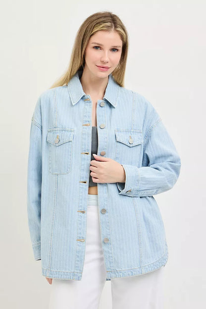 Light blue oversized stripe denim shaket from RISEN by Trendsi, featuring a relaxed fit and classic denim design.