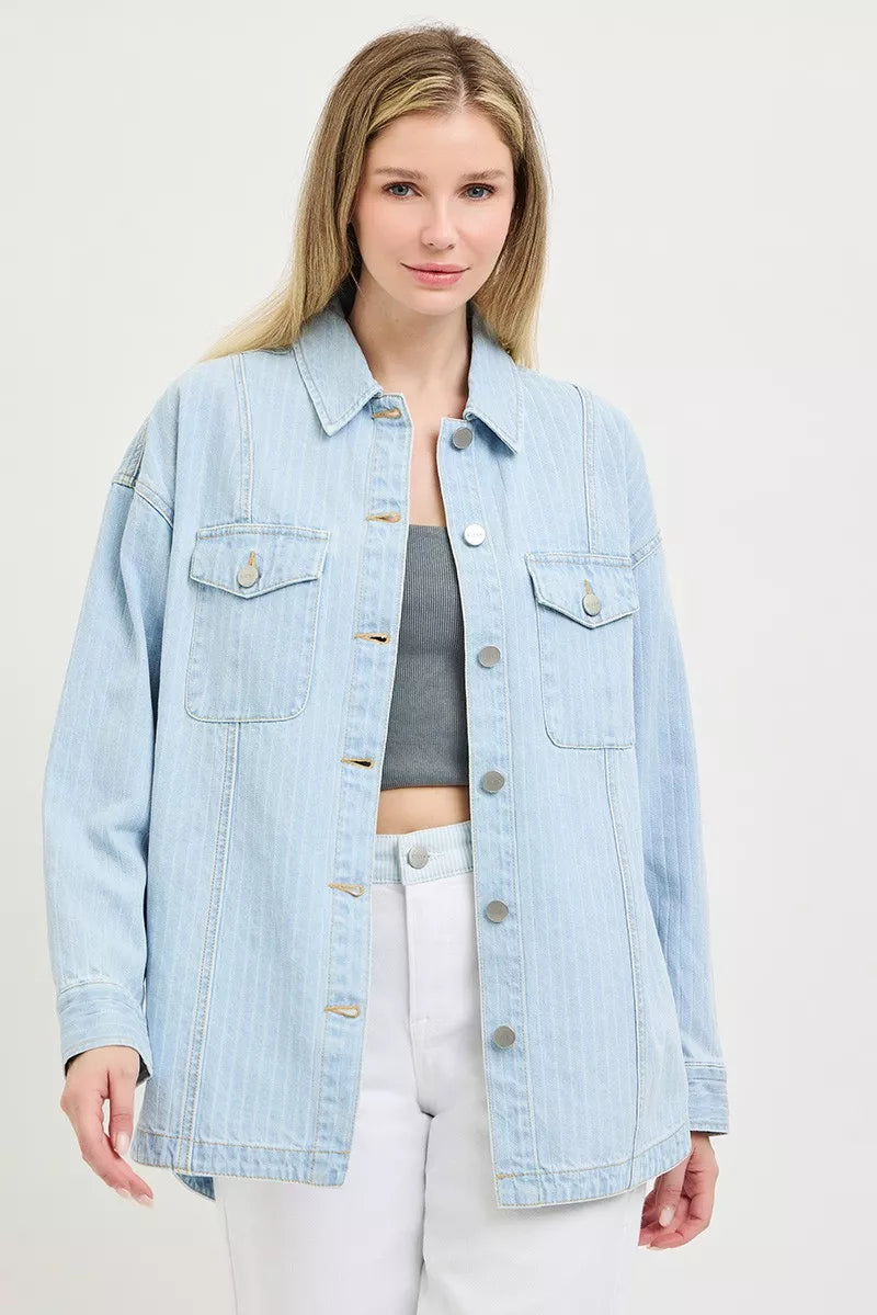 Light blue oversized stripe denim shaket by RISEN featuring a relaxed fit and stylish design, perfect for casual wear.