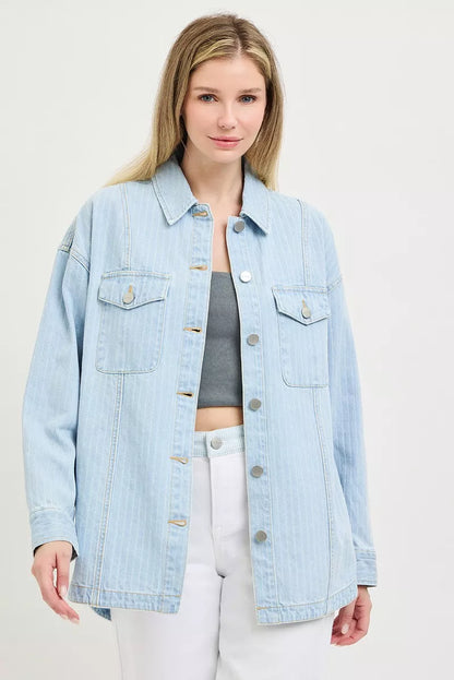 Light blue oversized stripe denim shaket by RISEN featuring a relaxed fit and stylish design, perfect for casual wear.