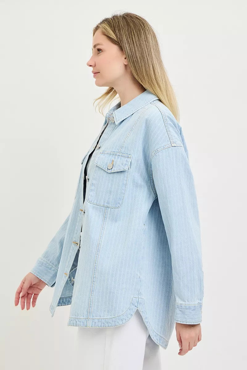 Light blue oversized stripe denim shaket from RISEN by Trendsi, featuring a relaxed fit and classic denim design.