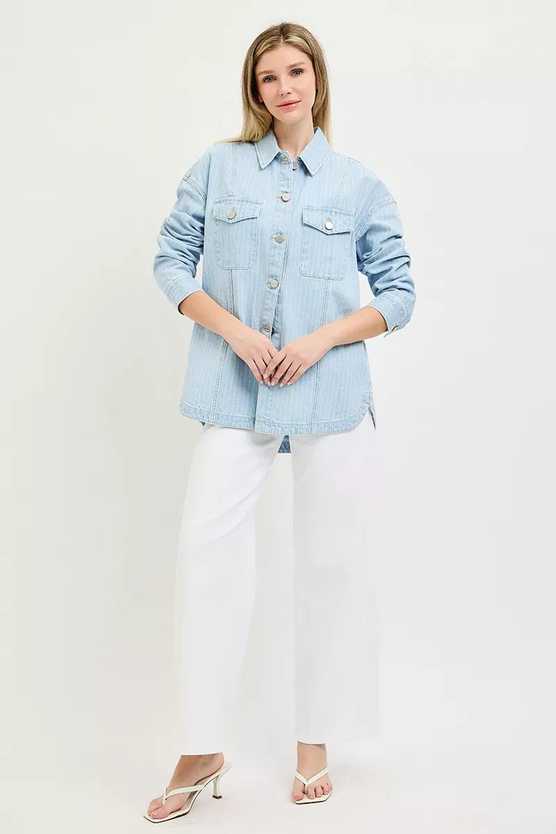 Light blue oversized stripe denim jacket from RISEN by Trendsi, featuring a relaxed fit and classic denim design.