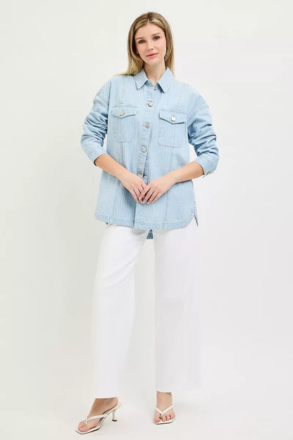 Light blue oversized stripe denim jacket from RISEN by Trendsi, featuring a relaxed fit and classic denim design.