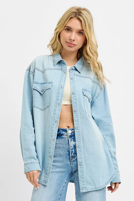 Light blue Risen Western Yoke Style Relaxed Fit Denim Shirt by Trendsi, showing front view with classic Western yoke details.