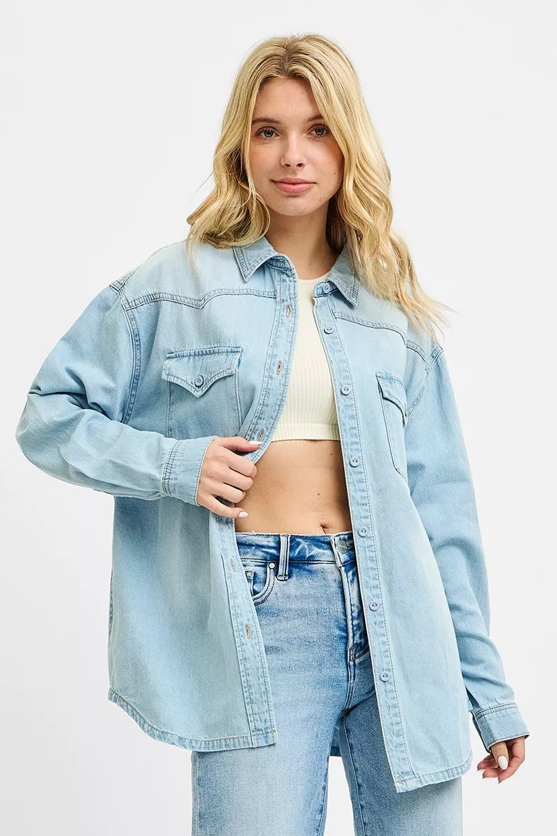 Light blue Risen Western yoke style relaxed fit denim shirt with button front and long sleeves, casual and stylish for everyday wear.