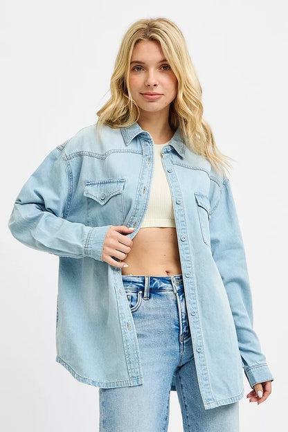 Light blue Risen Western yoke style relaxed fit denim shirt with button front and long sleeves, casual and stylish for everyday wear.