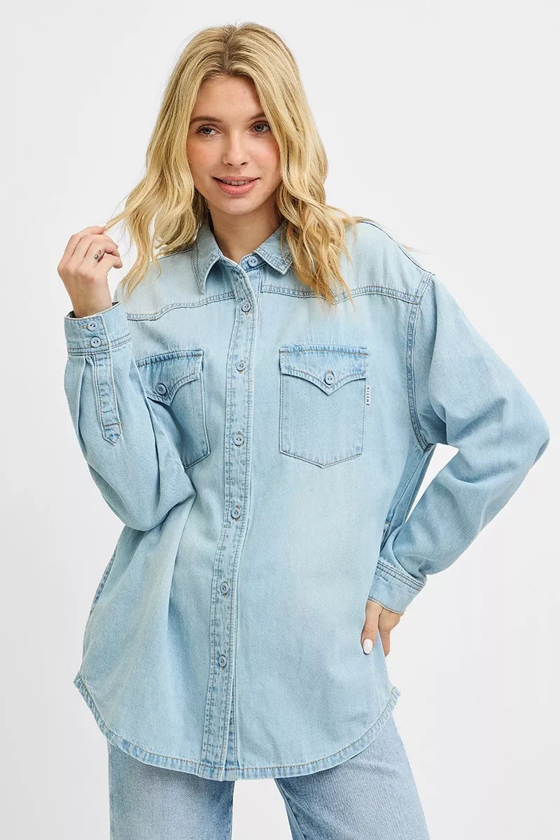 Light blue Risen Western Yoke Style Relaxed Fit Denim Shirt by Trendsi, featuring a classic Western yoke and casual relaxed fit.