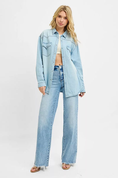 Light blue RISEN Western Yoke Style Relaxed Fit Denim Shirt with long sleeves and button-up front by Trendsi.