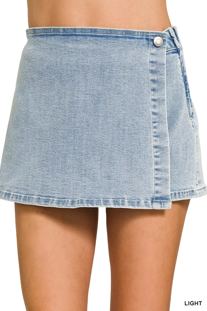 Light blue denim skort with wrap front design by Zenana, featuring a casual, stylish look perfect for warm-weather outfits.