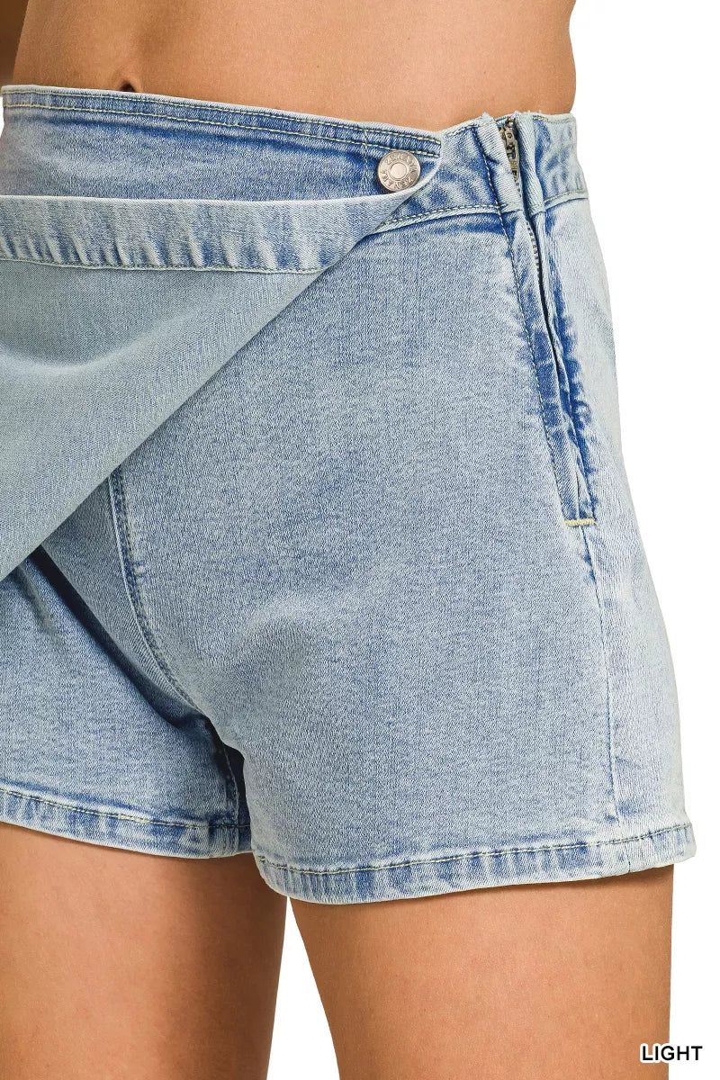 Light blue Zenana wrap front denim skort with side pockets and frayed hem, stylish and casual for warm weather.