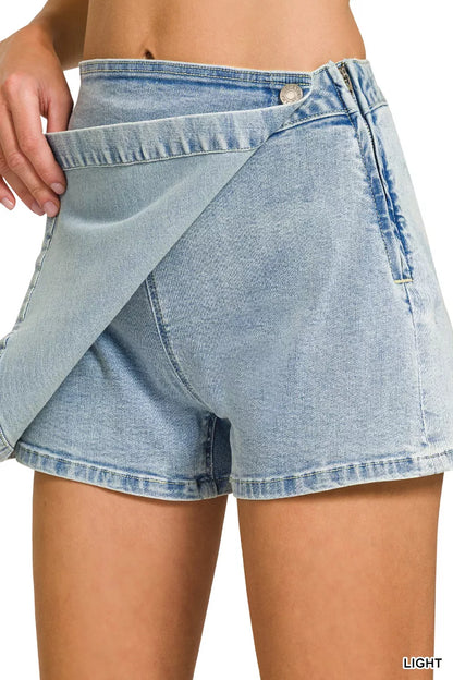 Light blue Zenana wrap-front denim skort from Trendsi, showing the front view with a stylish wrap detail and classic denim texture.