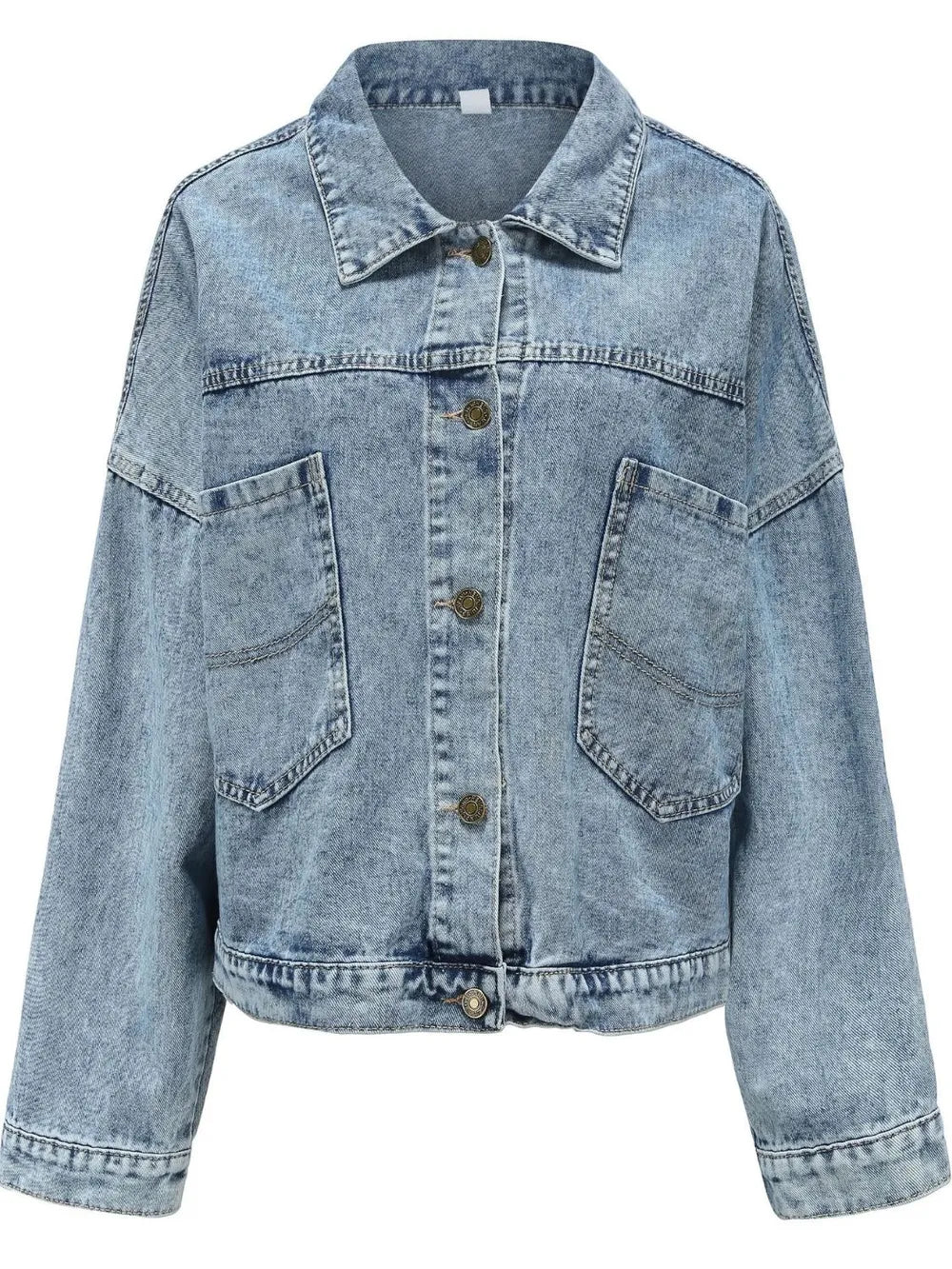 Light blue button-down denim jacket with drop shoulder design from Trendsi, shown on a model.