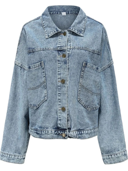 Light blue button-down denim jacket with drop shoulder design from Trendsi, shown on a model.