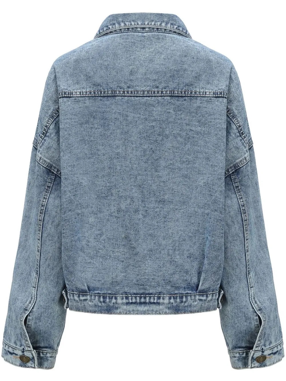 Light blue button-down denim jacket with drop shoulder design by Trendsi, featuring classic stitching and casual style.
