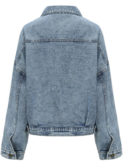 Light blue button-down denim jacket with drop shoulder design by Trendsi, featuring classic stitching and casual style.
