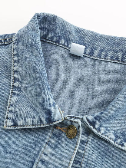 Light wash button-down denim jacket with drop shoulder design, casual style, by Trendsi, shown on a model.