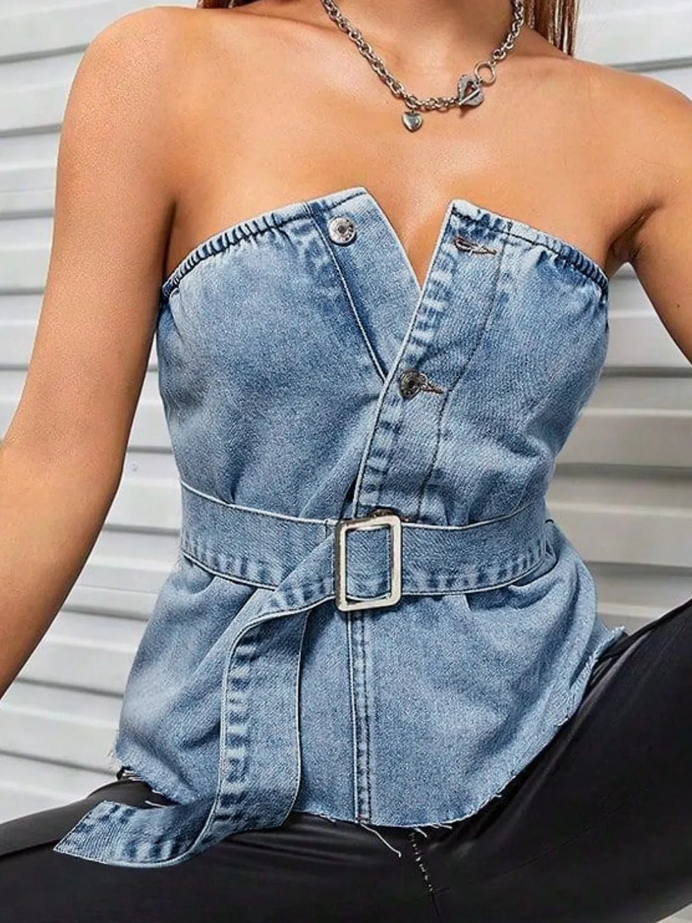 Light XS Trendsi frayed hem button detail tube top with casual style, featuring a sleeveless design and trendy frayed edges.