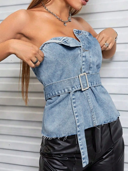 Light blue frayed hem button detail tube top by Trendsi, close-up of the casual sleeveless crop top with distressed hem.