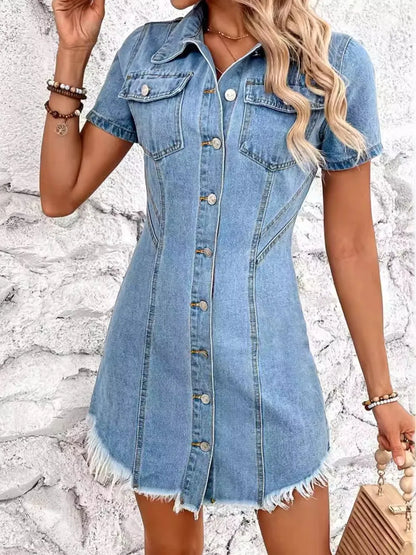 Light blue raw hem button-up short sleeve denim dress from Trendsi, featuring a classic fit and casual style.