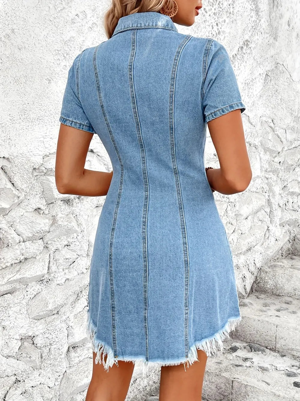 Light blue raw hem button-up short sleeve denim dress by Trendsi, showing front view with collar and casual fit.