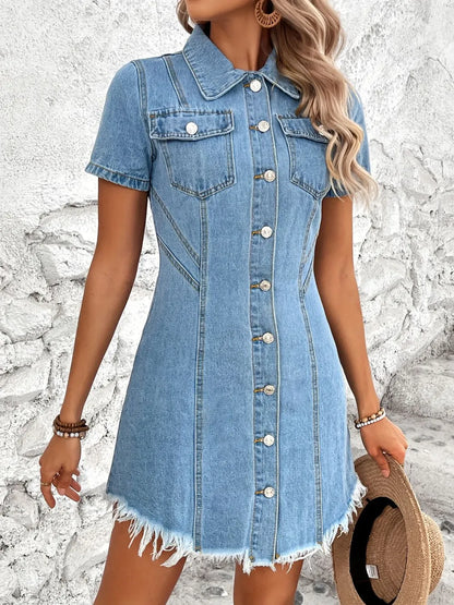 Light blue raw hem button-up short sleeve denim dress by Trendsi with a classic collar and casual fit.