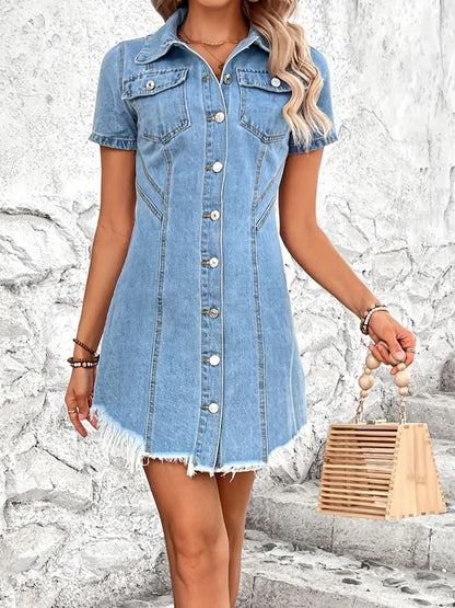 Light blue raw hem button-up short sleeve denim dress by Trendsi, featuring a casual fit and classic denim style.