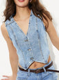 Light blue V-neck button-up denim vest by Trendsi, featuring front buttons and classic sleeveless design.