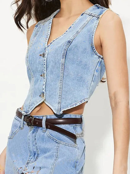 Light blue V-neck button-up denim vest from Trendsi featuring front buttons and sleeveless design.