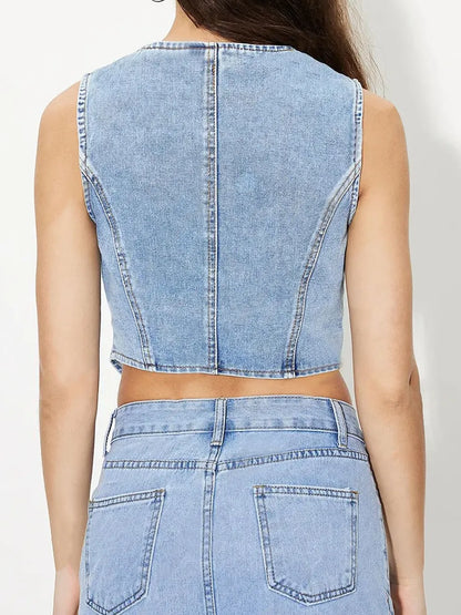 Light blue V-neck button-up denim vest by Trendsi, featuring silver buttons and sleeveless design for casual style.