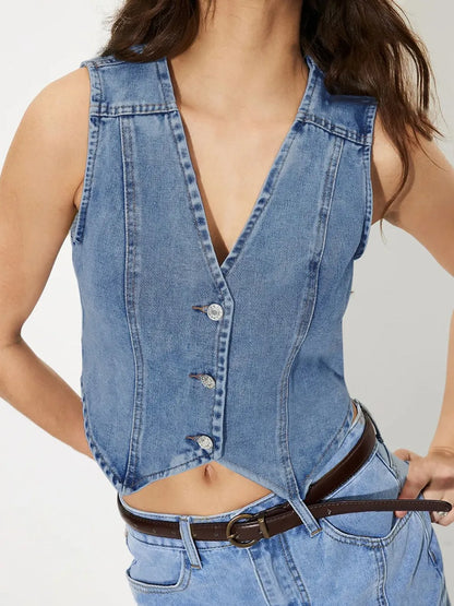 Light blue V-neck button-up denim vest by Trendsi, featuring front buttons and sleeveless design.