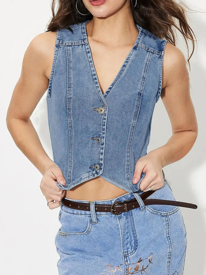 Light blue V-neck button-up denim vest from Trendsi, featuring front buttons and sleeveless design, casual and stylish.