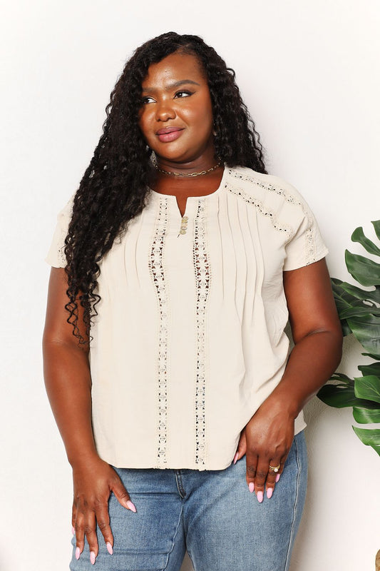 Light yellow Trendsi Double Take crochet short sleeve top with button details, casual and stylish for warm weather.